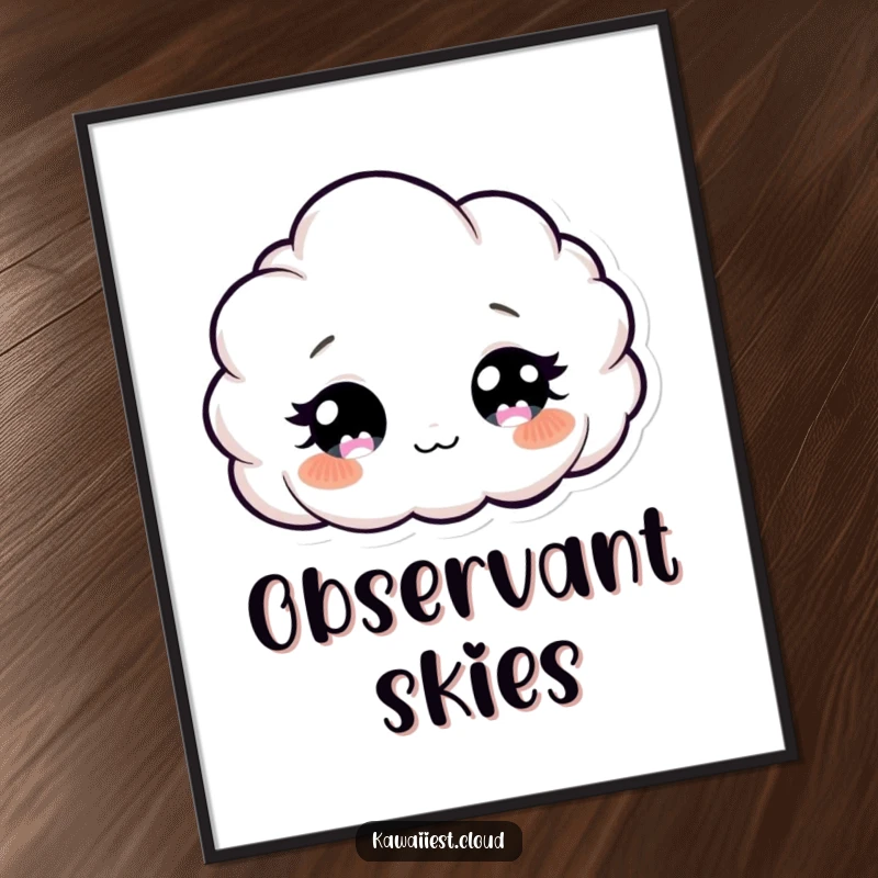 Funny Curious Cloud Digital Art Print: High-resolution art of a curious cloud character with wide, twinkling eyes, perfect for digital display.