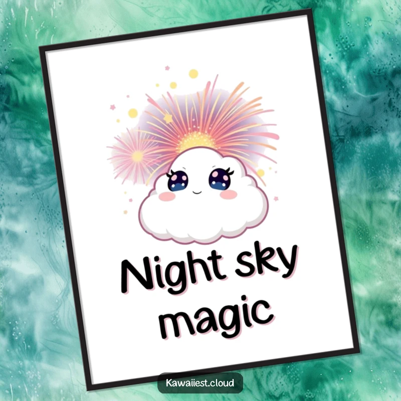 Funny Cloud Digital Art Print of a character with wide eyes watching a magical firework bloom, ideal for instant decor.