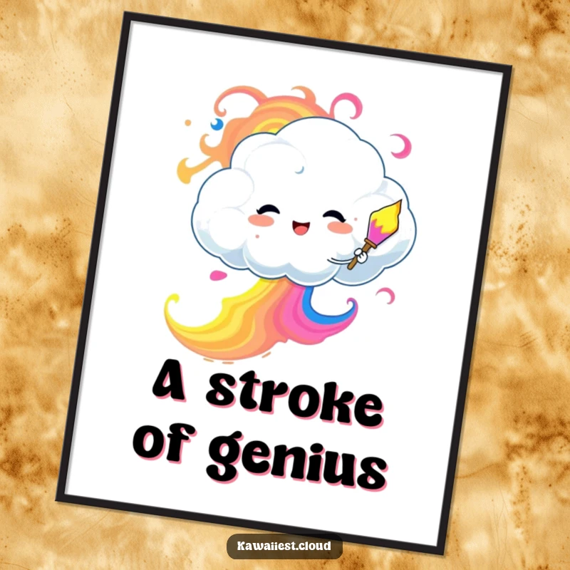 Funny Digital Art Print of a cloud character playfully painting a vibrant, swirling sky with colorful paints.