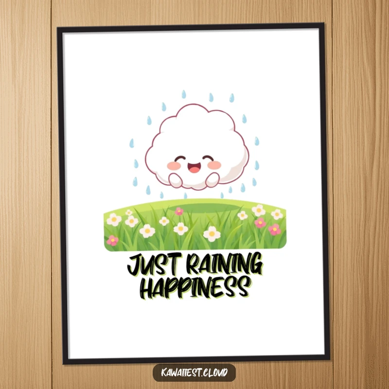 Funny Digital Art Print: Joyful fluffy cloud character showering a field with gentle rain, whimsical and uplifting.
