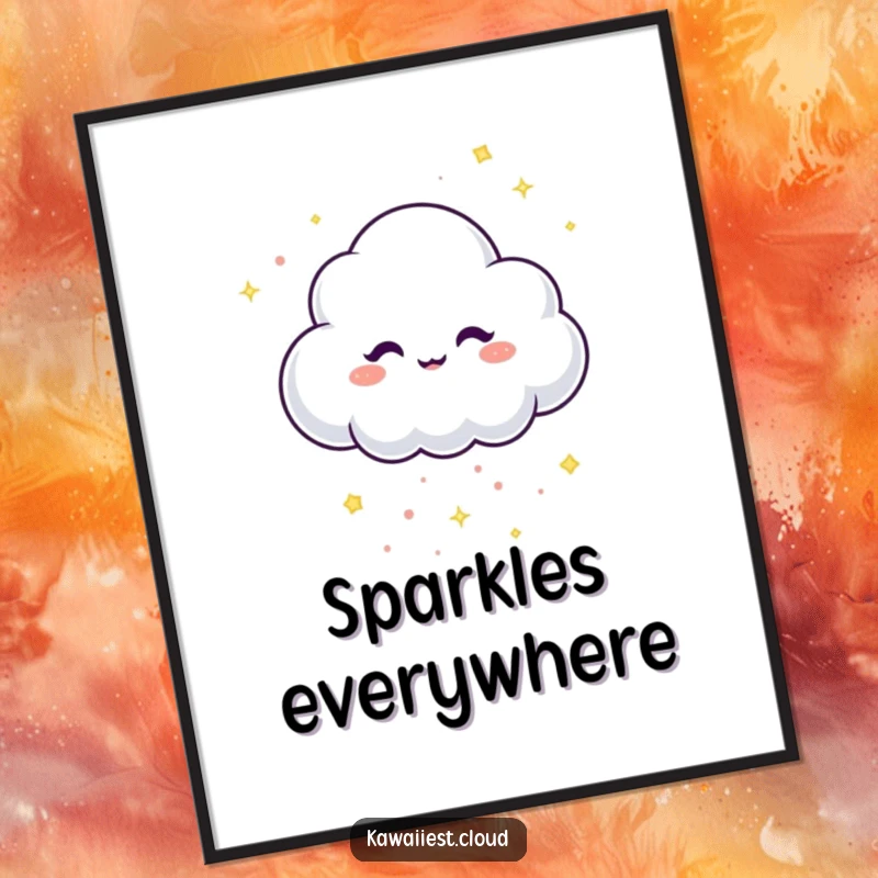 Funny Digital Art Print of a mischievous cloud character dropping tiny, sparkling confetti with a playful twinkle.