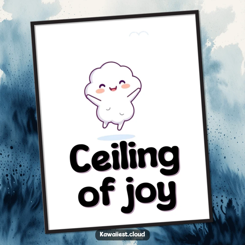 Funny digital art print of a cloud character performing an ecstatic dance in the sky, radiating pure fun and positivity.