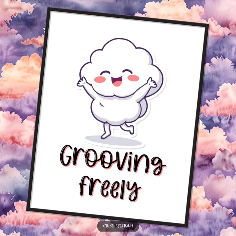 Funny digital art print of a cloud character dancing with dynamic energy, offering instant humor and vibrant visual appeal.