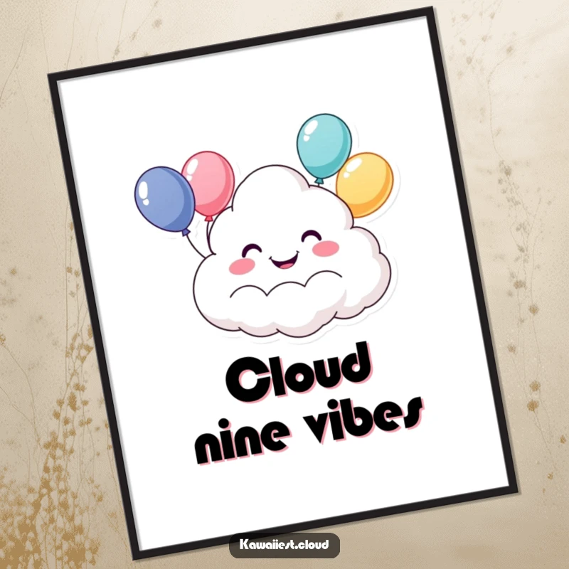Funny digital art of a happy cloud character with a broad grin holding a bunch of colorful balloons. Instant download for joy.