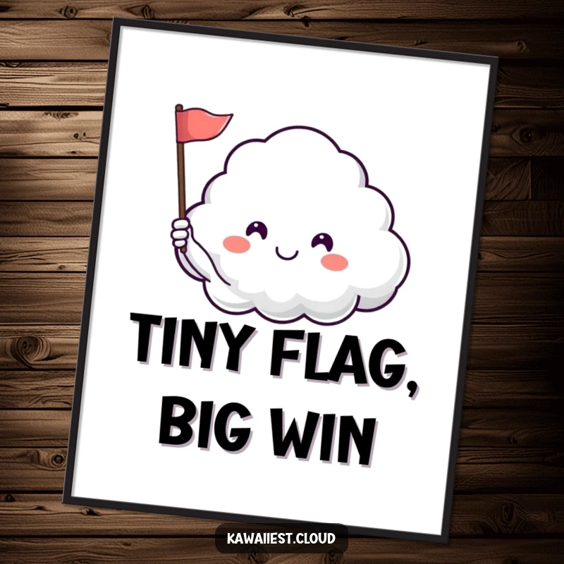 Funny digital art print of a happy cloud character waving a flag, ready to download and display for peaceful humor.