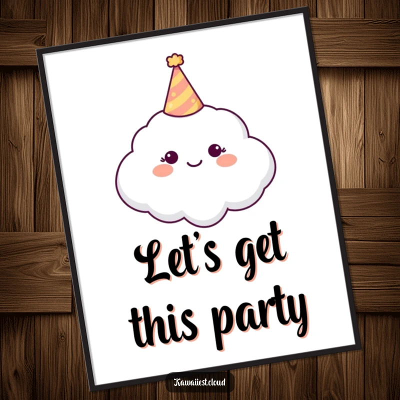 Funny Digital Art Print of a happy cloud character wearing a small, festive party hat, radiating joy.