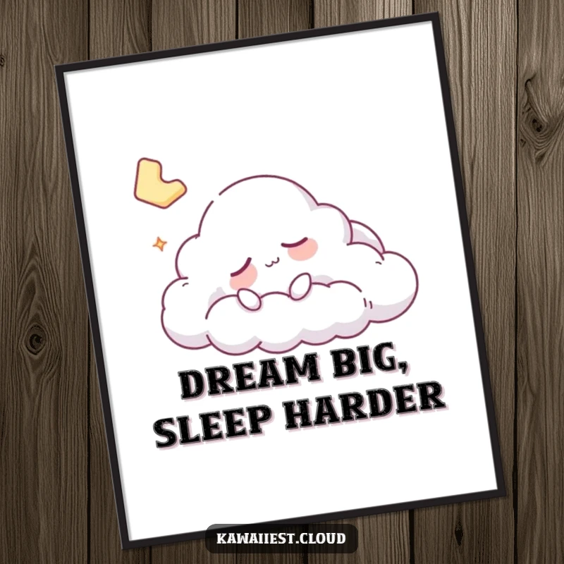 Funny sleepy cloud character drifting peacefully in the sky, available as a downloadable digital art print.