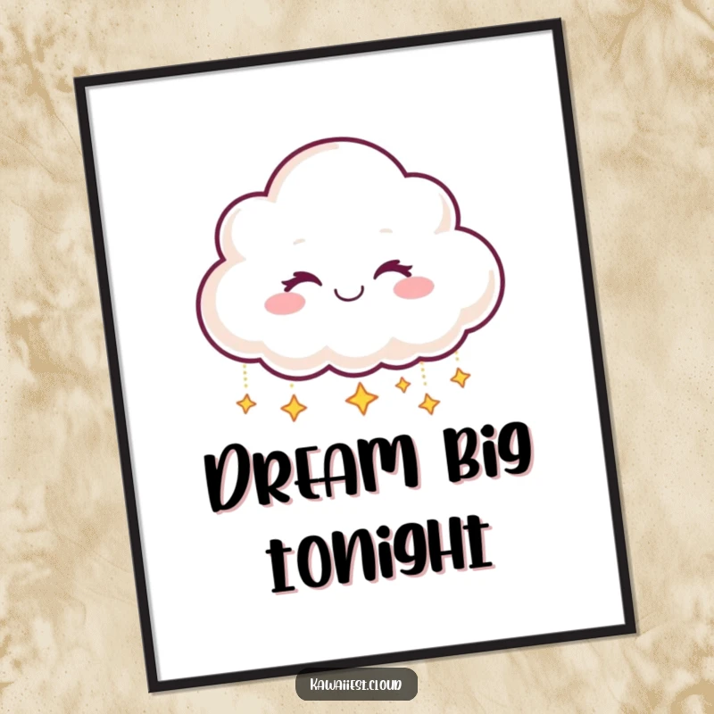 Funny Digital Art Print: Smiling cloud character winking while dropping tiny, shimmering stars, creating a magical scene.