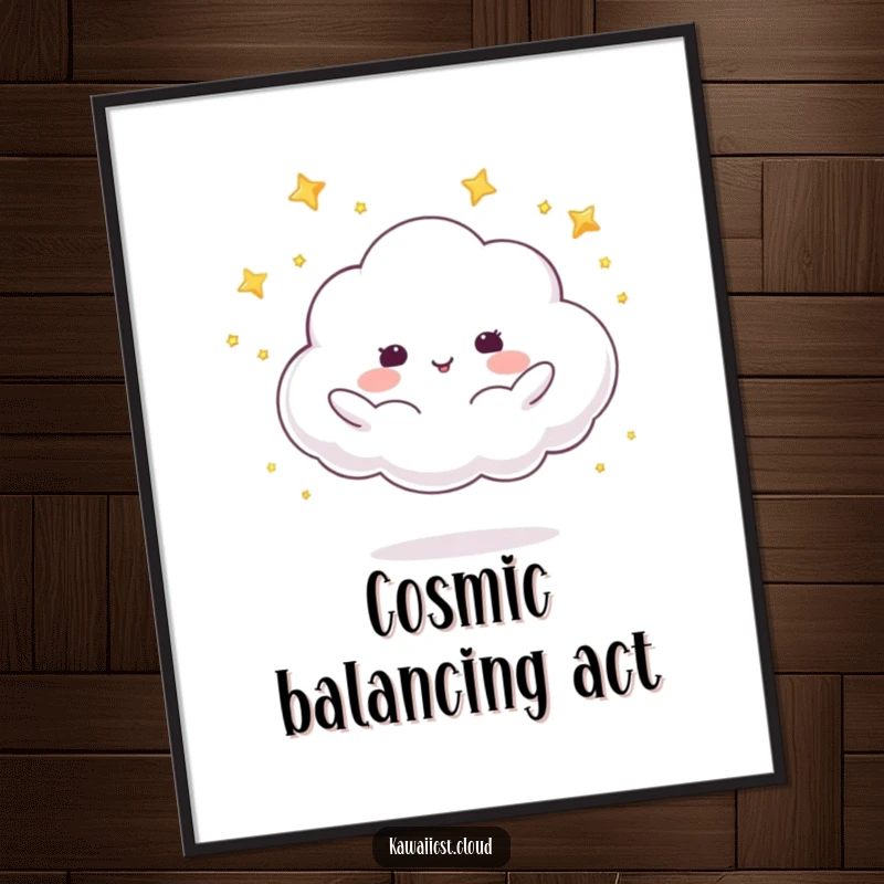 Funny digital art print of a cloud character skillfully juggling small, shimmering stars, creating a magical and enchanting visual.