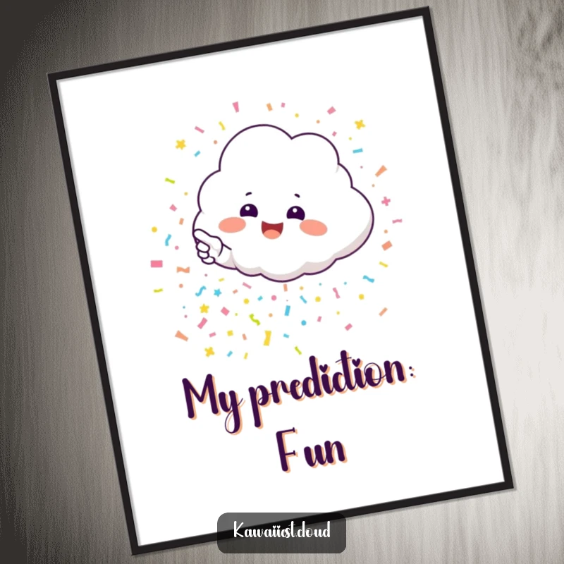 Funny digital art print of an excited cloud character pointing at a dazzling cascade of cheerful, celebratory confetti.