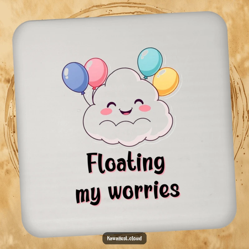 Funny drink coaster featuring a happy cloud character with a wide grin and floating balloons. Protects furniture humorously.