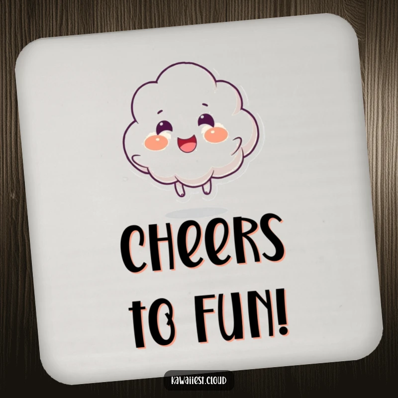 Funny drink coaster with a cloud character joyfully bouncing, adding a cheerful touch while protecting surfaces.