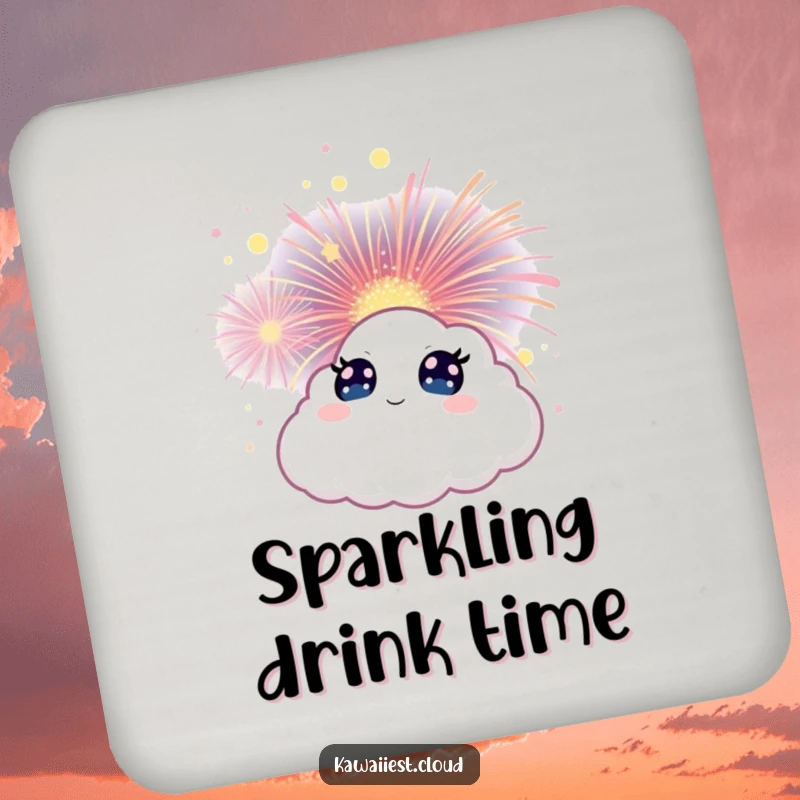 Funny Cloud Coaster depicting a character with wide eyes watching a magical firework bloom, protecting surfaces with wonder.