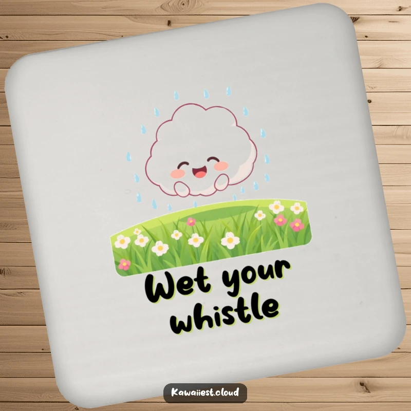 Funny Coaster: Joyful fluffy cloud character showering a field with gentle rain, adding charm to any table.