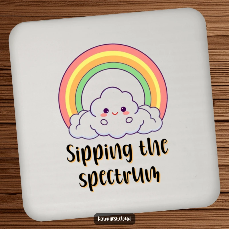 Funny Coaster depicting a cloud character creating a perfect circle rainbow, adding a touch of magic to your table.