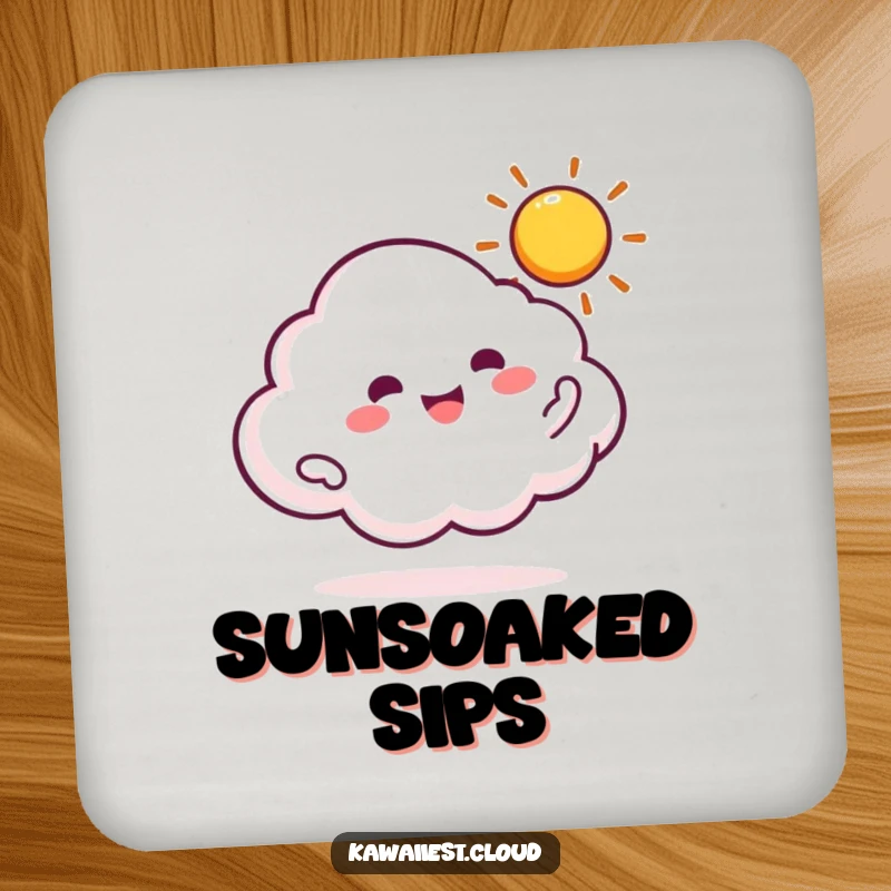 Funny drink coaster depicting a cloud character joyfully spinning a small, bright sun.