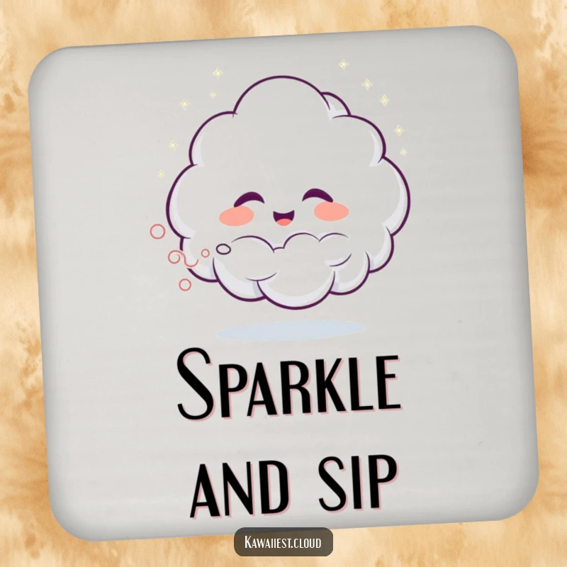 Funny drink coaster featuring a giggling cloud spraying glittering mist, adding a humorous and sparkling touch to surfaces.