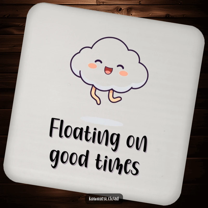 Funny Drink Coaster with a playful cloud character having its legs kicked high in a joyful jumping pose.