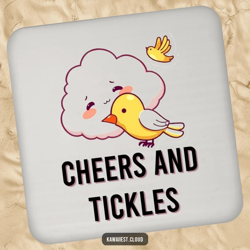 Funny Mischievous Cloud Coaster: Protects surfaces with an image of a mischievous cloud character tickling a passing airplane.