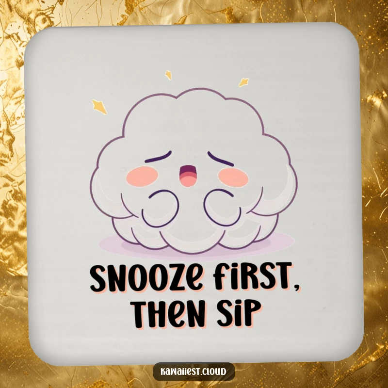Funny sleepy cloud drink coaster featuring a character yawning peacefully, surrounded by soft light, protecting surfaces with its humorous charm.