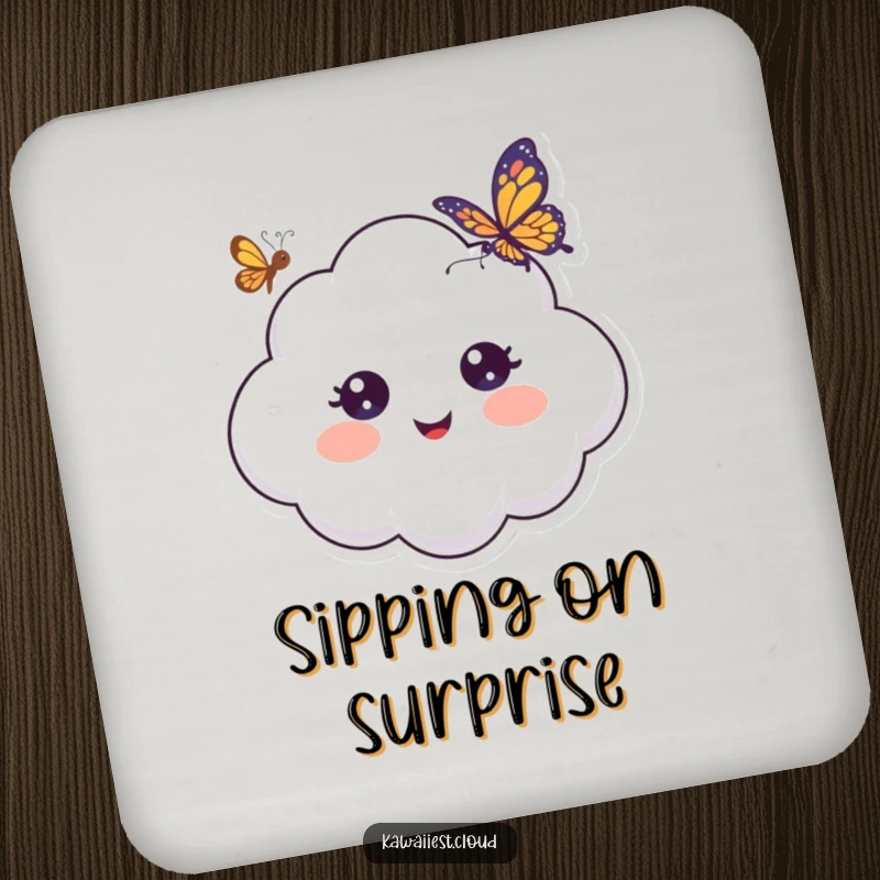 Funny Drink Coaster depicting a cheerful cloud with wide, surprised eyes, looking at a small butterfly.