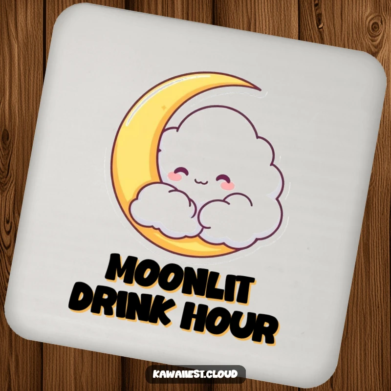 Funny Cloud Coaster depicting a mischievous character hiding behind a crescent moon, protecting surfaces with humor.