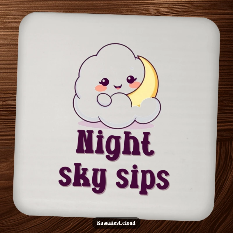 Funny Cloud Moon Nudge Coaster: A playful cloud character gently nudges a crescent moon, adding whimsical humor to drink protection.