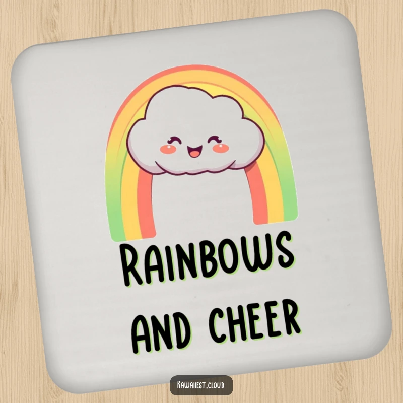 Funny Coaster: Delighted cloud character creating a perfect, vibrant rainbow arch, adding color to surfaces.