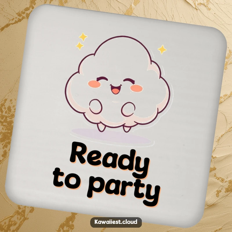 Funny drink coaster featuring a playful cloud character with a mischievous twinkle, bouncing excitedly. Protective and whimsical.