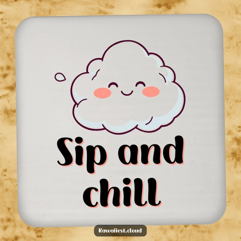 Funny drink coaster with a smiling cloud character blowing a soft, colorful breeze, adding calm to any table.