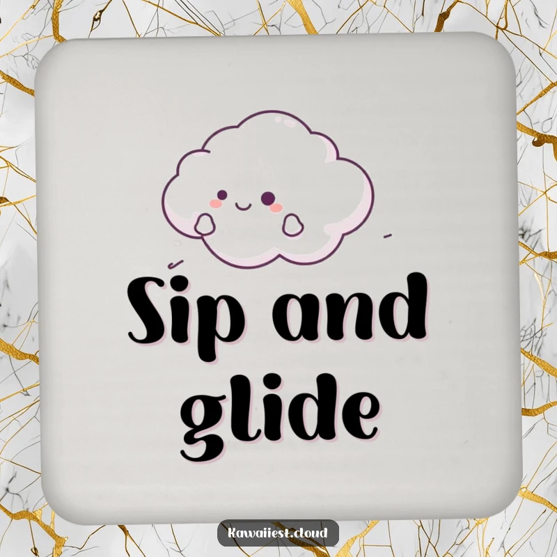 Funny Cloud Coaster depicting a character happily gliding on a gentle breeze, protecting surfaces with serenity.