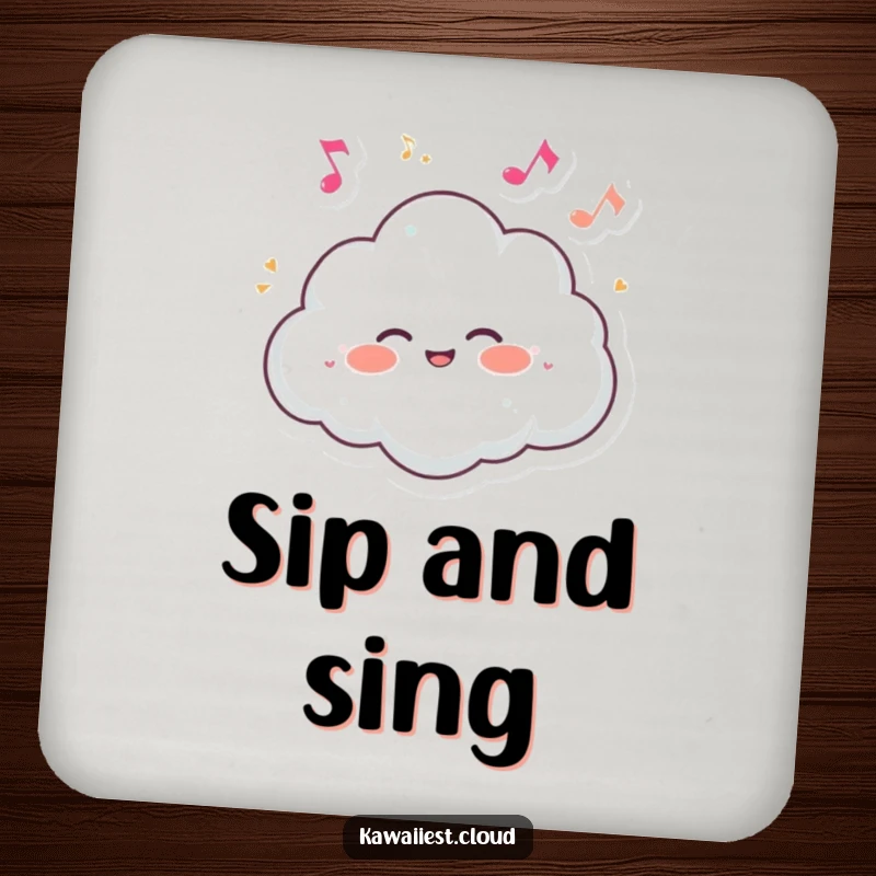 Funny drink coaster depicting a cloud character giggling joyfully surrounded by tiny, dancing musical notes.