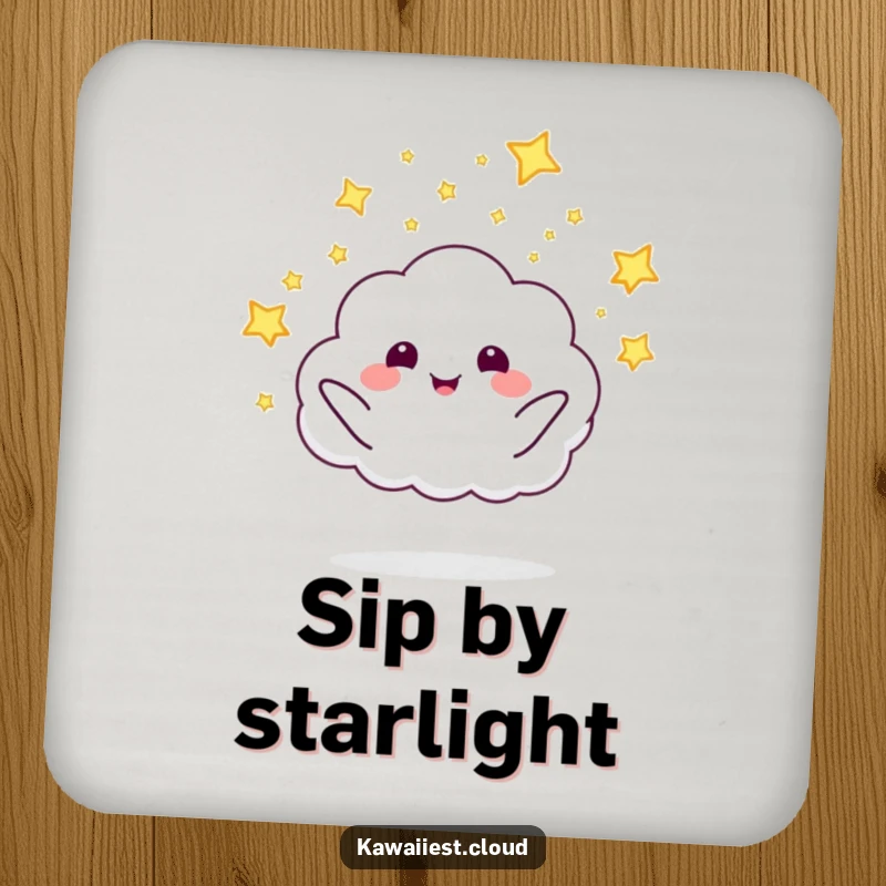 Smiling funny cloud character launching tiny fireflies on these whimsical and protective coasters.