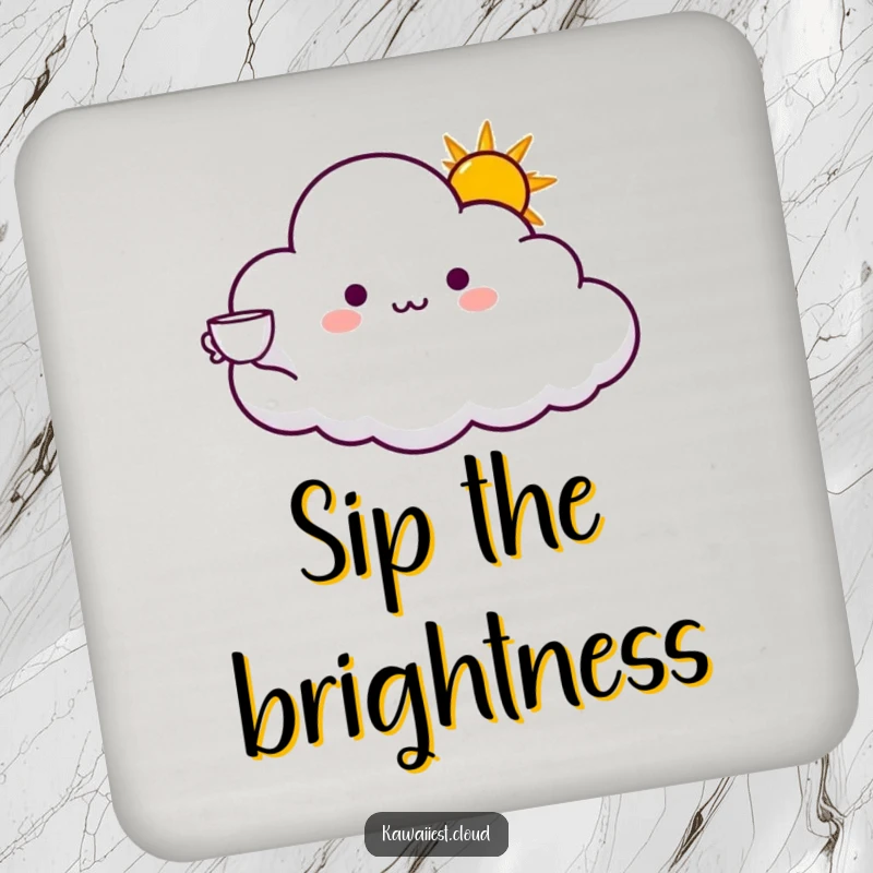 Funny drink coaster featuring a cloud character offering a cup of bright sunshine with an outstretched arm. Protective and warm.