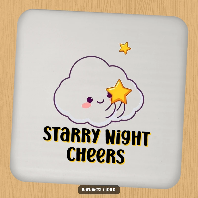 Funny drink coaster depicting a cloud character joyfully tossing a small, smiling star.