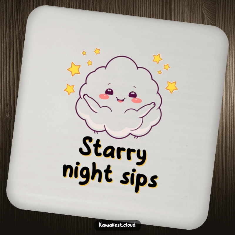 Funny drink coaster featuring a cloud character juggling stars, offering protection with a whimsical and humorous starry design.