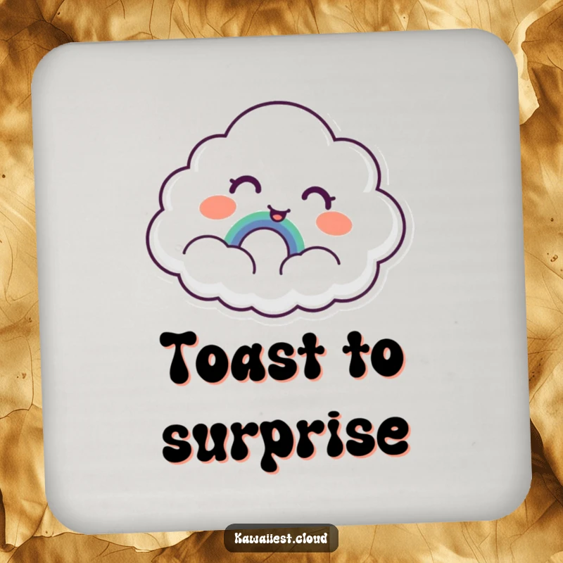 Funny Cloud Coaster: A coaster featuring a cloud showing surprised delight at discovering a tiny, smiling rainbow, perfect for protecting surfaces.
