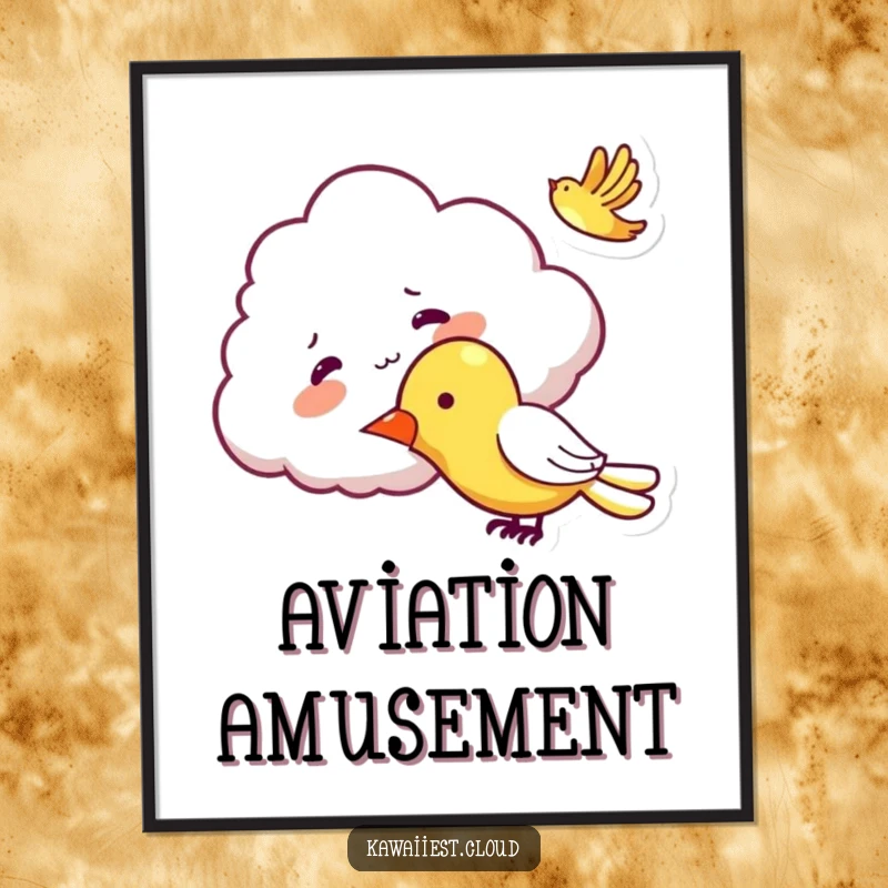 Funny Mischievous Cloud Poster: Wall art showing a cloud character playfully tickling a passing airplane with a mischievous expression.