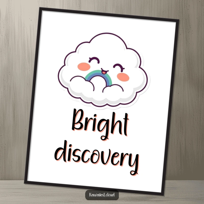 Funny Cloud Poster: A whimsical artwork of a cloud character showing surprised delight upon discovering a tiny, smiling rainbow, bringing cheer.