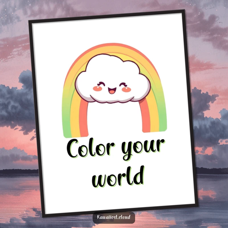 Funny Poster: Delighted cloud character creating a perfect, vibrant rainbow arch, bringing color and joy.