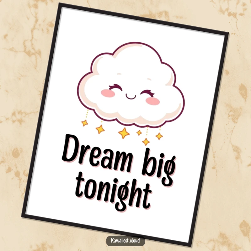 Funny Poster: Smiling cloud character winking while dropping tiny, shimmering stars, creating a magical atmosphere.