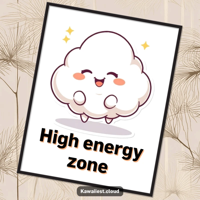 Funny poster print of a playful cloud character with a mischievous twinkle, bouncing with excitement. Energetic wall decor.