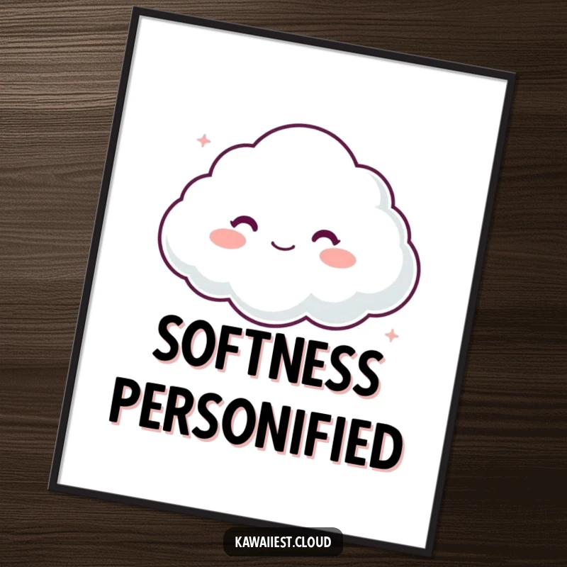 Funny poster of a cloud character with a soft, comforting appearance, radiating gentleness and warmth, perfect for calming wall art.