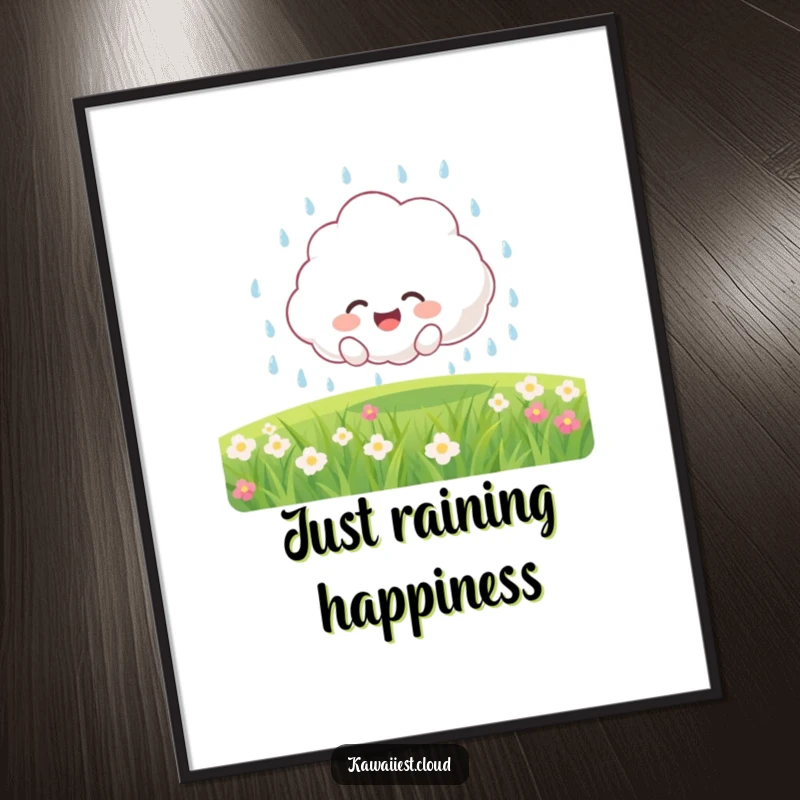 Funny Poster: Joyful fluffy cloud character showering a field with gentle rain, creating a whimsical and happy atmosphere.