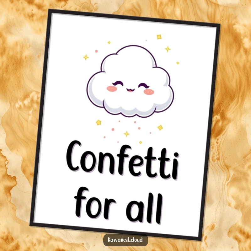 Funny Poster depicting a mischievous cloud character joyfully dropping tiny, sparkling confetti with a twinkle.