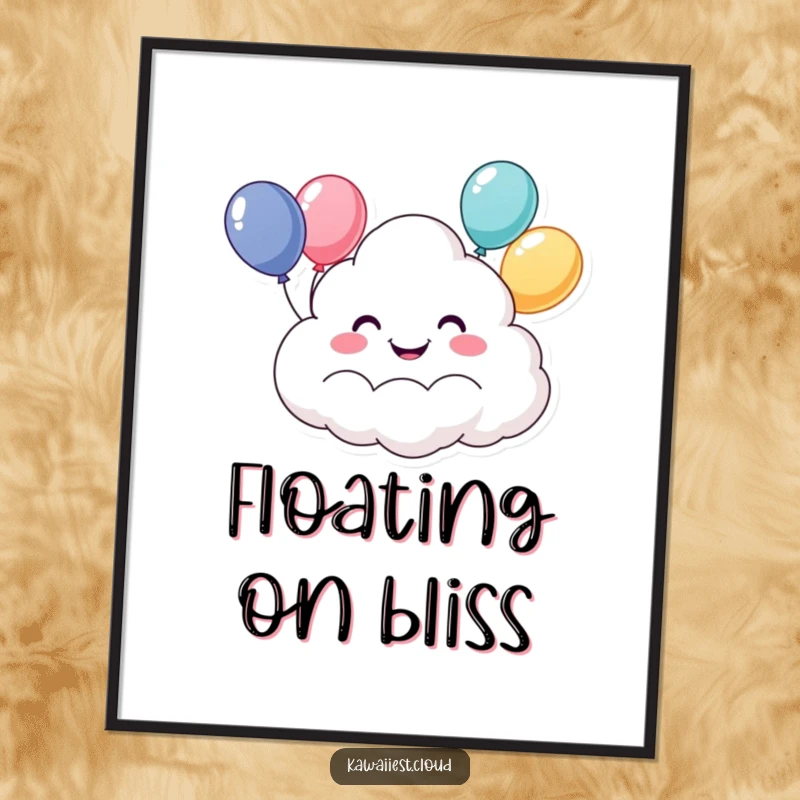 Funny poster print of a happy cloud character grinning widely while floating with a bunch of vibrant balloons. Uplifting wall art.
