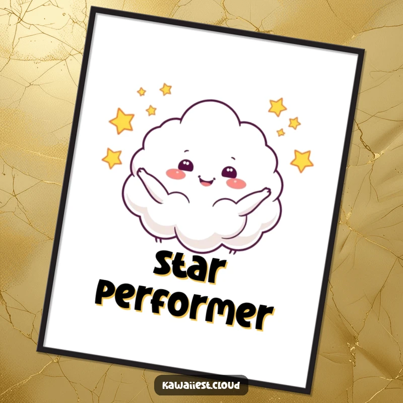 Funny poster showing a cloud character joyfully juggling tiny, sparkling stars, creating a magical and humorous visual display.