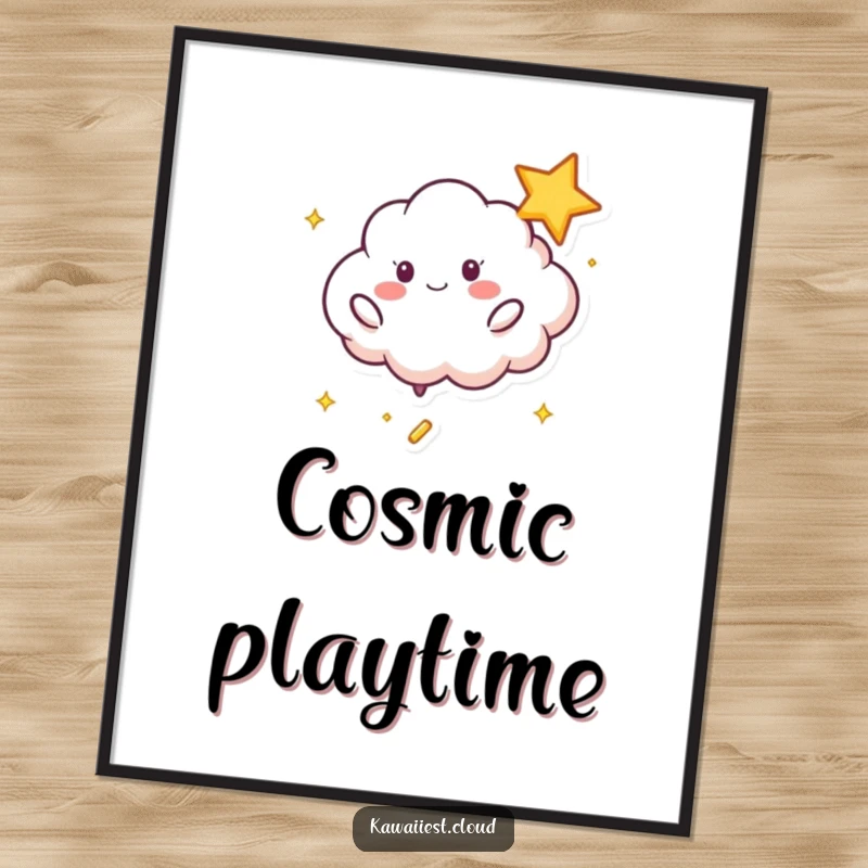 Funny Playful Cloud Poster: Wall art showing a playful cloud character bouncing a shimmering star with great energy.