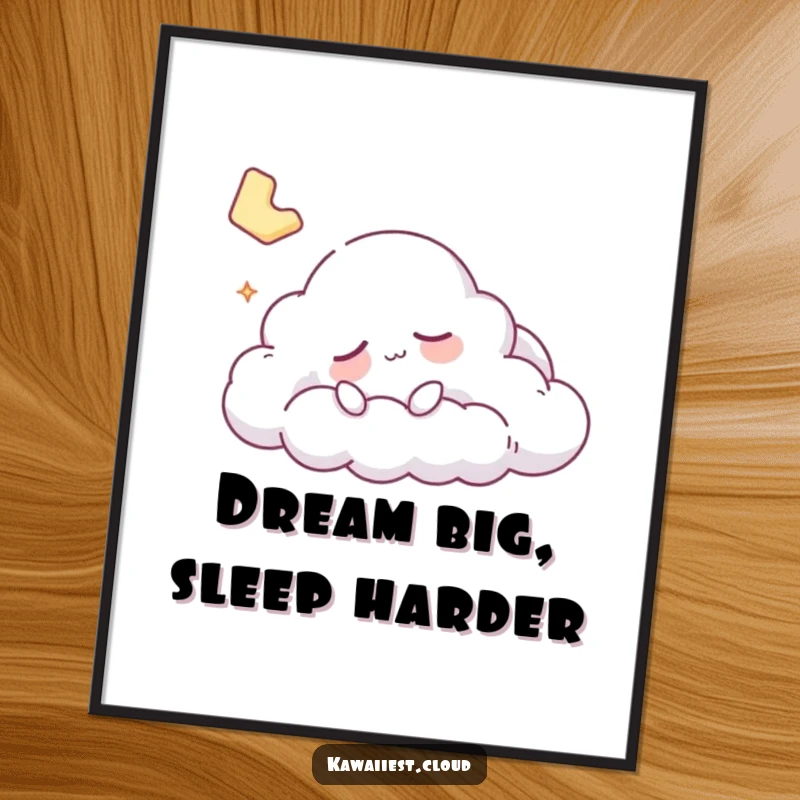 Funny sleepy cloud character drifting peacefully across a dreamy sky on a beautiful art poster.