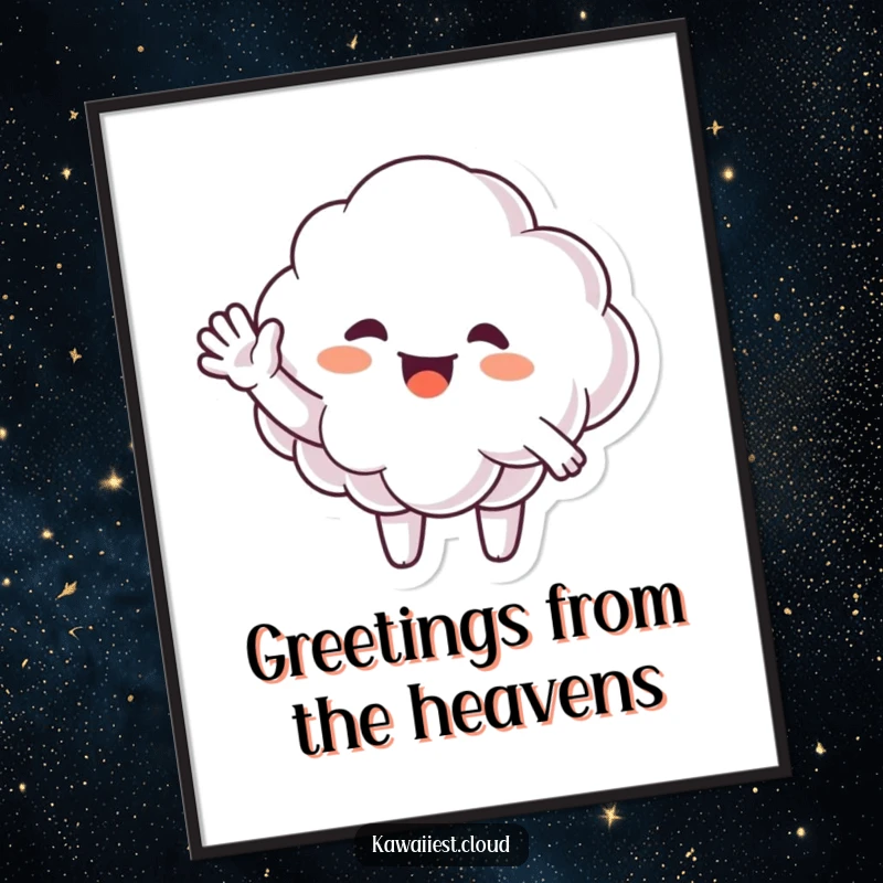 Funny Poster illustrating a happy cloud character giving a big, enthusiastic, and friendly wave.